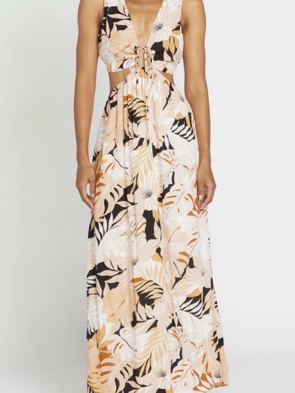 Volcom Let’s Luau Tropical Cutout Maxi Dress in Peach Floral, XL
